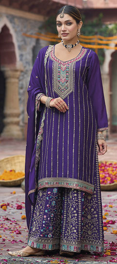 Purple and Violet color Salwar Kameez in Chinon Silk fabric with Embroidered, Sequence, Zari work