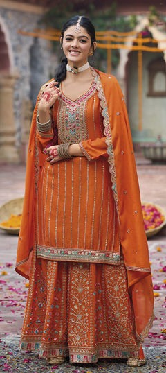 Orange color Salwar Kameez in Chinon Silk fabric with Embroidered, Sequence, Zari work