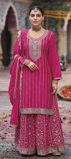 Pink and Majenta color Salwar Kameez in Chinon Silk fabric with Embroidered, Sequence, Zari work
