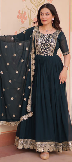 Blue color Gown in Faux Georgette fabric with Embroidered, Sequence, Zari work