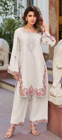 White and Off White color Salwar Kameez in Cotton fabric with Embroidered, Resham, Sequence work