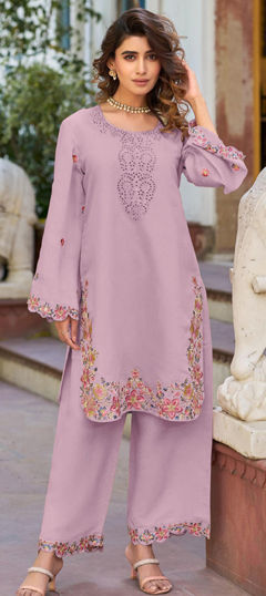 Pink and Majenta color Salwar Kameez in Cotton fabric with Embroidered, Resham, Sequence work