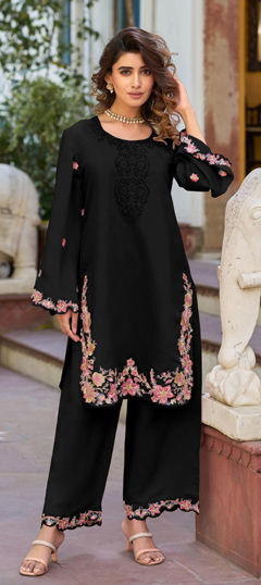 Black and Grey color Salwar Kameez in Cotton fabric with Embroidered, Resham, Sequence work
