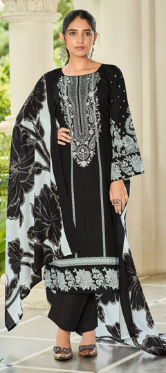Black and Grey color Salwar Kameez in Cotton fabric with Digital Print, Embroidered, Floral, Resham work