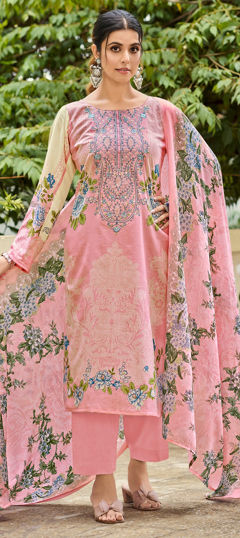 Pink and Majenta color Salwar Kameez in Cotton fabric with Digital Print, Embroidered, Floral, Resham work