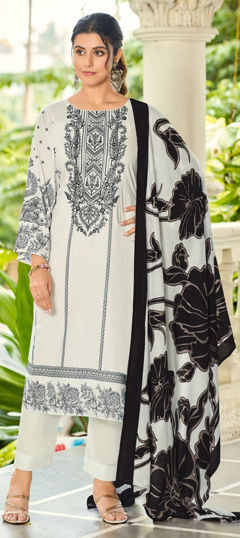White and Off White color Salwar Kameez in Cotton fabric with Digital Print, Embroidered, Floral, Resham work