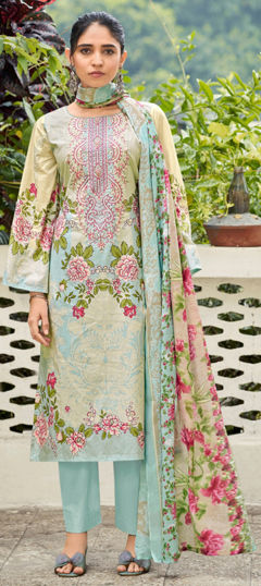 Beige and Brown, Blue color Salwar Kameez in Cotton fabric with Digital Print, Embroidered, Floral, Resham work