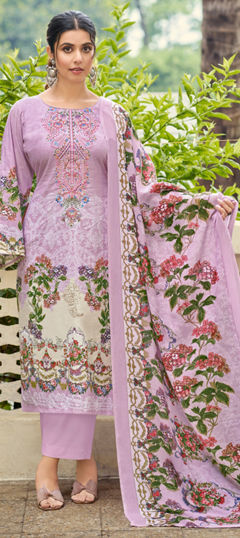 Purple and Violet color Salwar Kameez in Cotton fabric with Digital Print, Embroidered, Floral, Resham work
