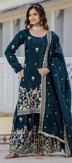 Blue color Salwar Kameez in Crushed Silk fabric with Embroidered, Sequence, Stone work