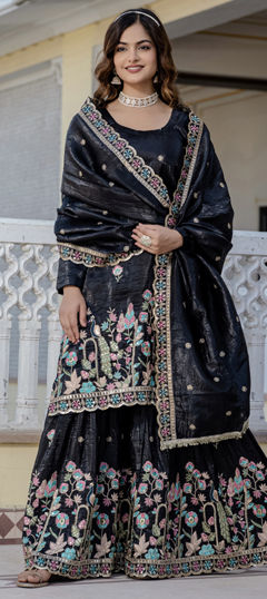 Black and Grey color Salwar Kameez in Crushed Silk fabric with Embroidered, Sequence, Stone work