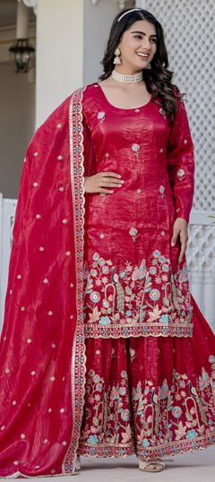Pink and Majenta color Salwar Kameez in Crushed Silk fabric with Embroidered, Sequence, Stone work