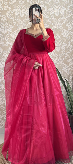 Pink and Majenta color Gown in Organza Silk, Velvet fabric with Sequence work