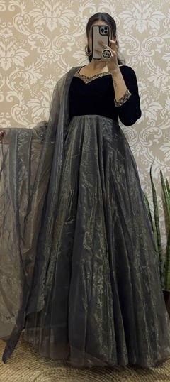 Black and Grey color Gown in Organza Silk, Velvet fabric with Sequence work