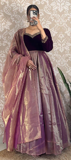 Purple and Violet color Gown in Organza Silk, Velvet fabric with Sequence work