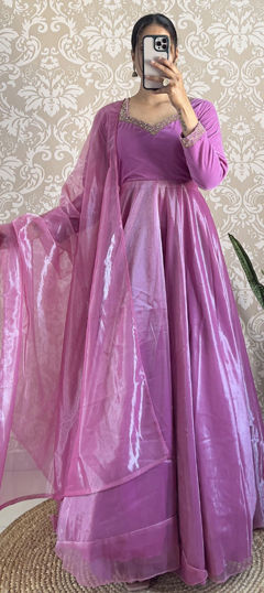 Pink and Majenta color Gown in Organza Silk, Velvet fabric with Sequence work