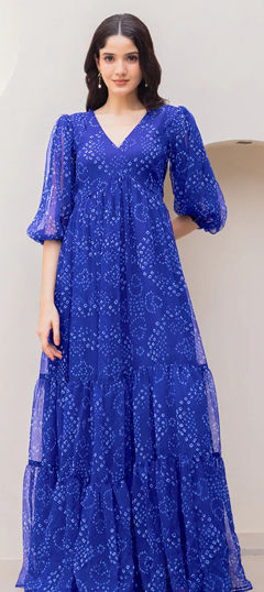 Blue color Gown in Faux Georgette fabric with Bandhej, Digital Print work
