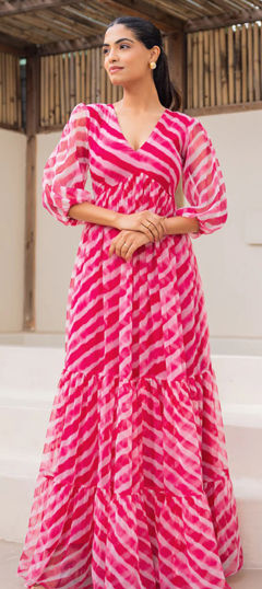 Pink and Majenta color Gown in Faux Georgette fabric with Bandhej, Digital Print work