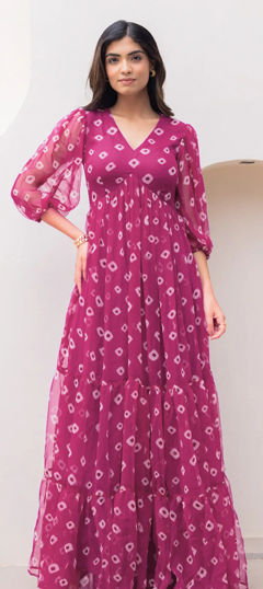 Pink and Majenta color Gown in Faux Georgette fabric with Digital Print, Lehariya work