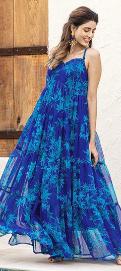 Blue color Gown in Faux Georgette fabric with Digital Print, Floral work