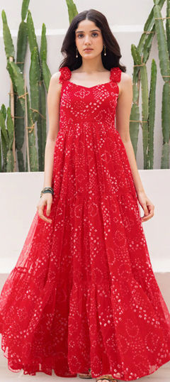 Red and Maroon color Gown in Faux Georgette fabric with Bandhej, Digital Print work