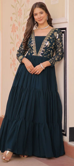 Blue color Gown in Faux Georgette fabric with Embroidered, Sequence, Zari work