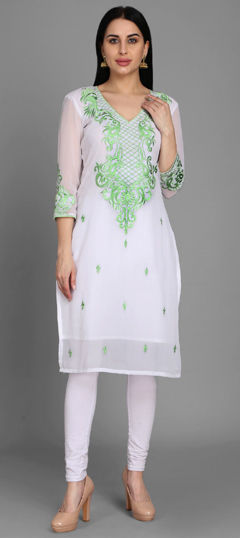 White and Off White color Salwar Kameez in Georgette fabric with Embroidered, Stone, Thread work