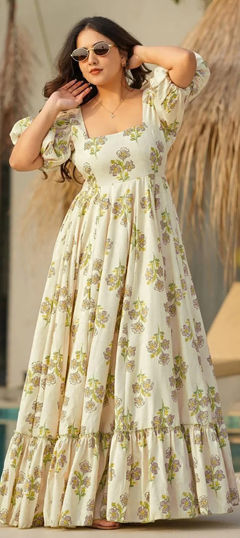 White and Off White color Gown in Rayon fabric with Digital Print work