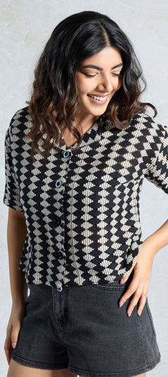 Black and Grey color Tops and Shirts in Fancy Fabric fabric with Weaving work