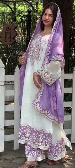 White and Off White color Salwar Kameez in Faux Georgette fabric with Embroidered, Sequence work