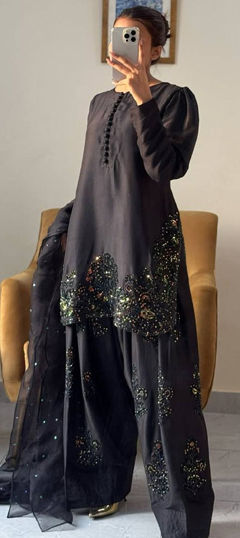Black and Grey color Salwar Kameez in Crepe Silk fabric with Embroidered, Sequence work