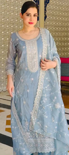 Black and Grey color Salwar Kameez in Crushed Silk fabric with Embroidered, Sequence work