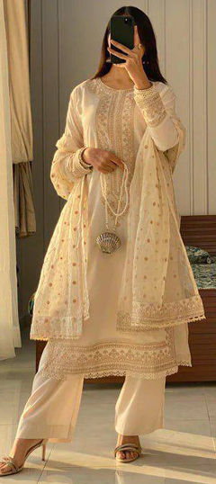 Beige and Brown color Salwar Kameez in Chanderi Silk fabric with Embroidered, Sequence work