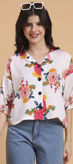 White and Off White color Tops and Shirts in Chiffon fabric with Floral, Printed work
