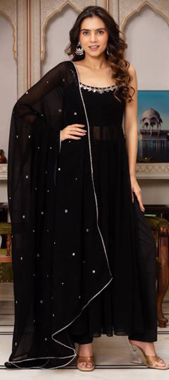 Black and Grey color Salwar Kameez in Faux Georgette fabric with Embroidered work
