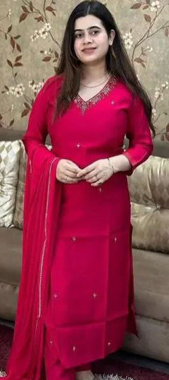 Red and Maroon color Salwar Kameez in Cotton fabric with Embroidered, Sequence work