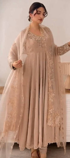 Beige and Brown color Salwar Kameez in Georgette fabric with Embroidered, Sequence work