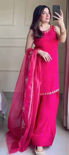 Pink and Majenta color Salwar Kameez in Crepe Silk fabric with Embroidered, Sequence work