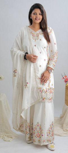White and Off White color Salwar Kameez in Chinon Silk fabric with Embroidered, Sequence work