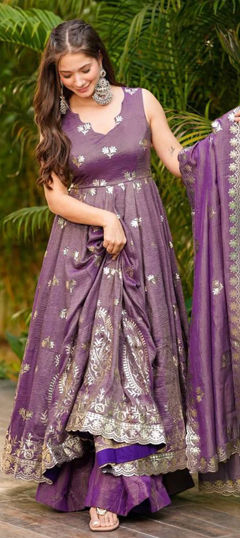 Purple and Violet color Salwar Kameez in Roman Silk fabric with Embroidered, Sequence work