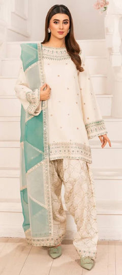White and Off White color Salwar Kameez in Crepe Silk fabric with Embroidered, Sequence, Thread work