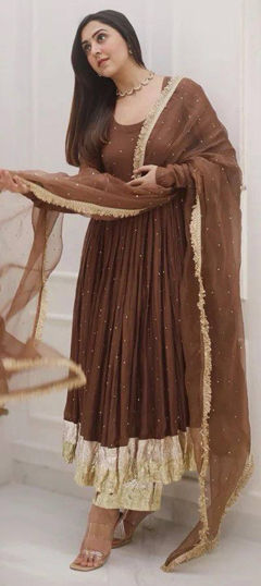 Beige and Brown color Salwar Kameez in Faux Georgette fabric with Lace work