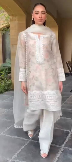 White and Off White color Salwar Kameez in Organza Silk fabric with Embroidered, Floral, Printed, Thread work