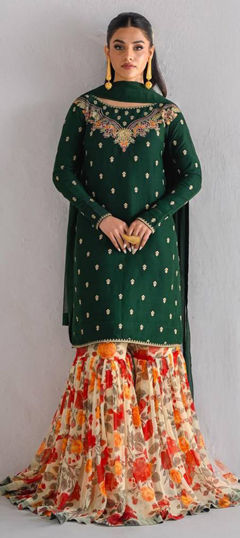 Green color Salwar Kameez in Faux Georgette fabric with Embroidered, Floral, Printed work