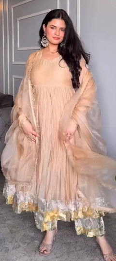 Beige and Brown color Salwar Kameez in Georgette fabric with Lace work