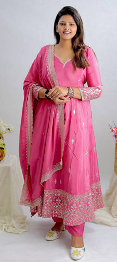 Pink and Majenta color Salwar Kameez in Crepe Silk fabric with Embroidered, Sequence work