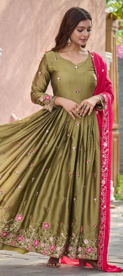 Green color Salwar Kameez in Silk fabric with Embroidered, Sequence work