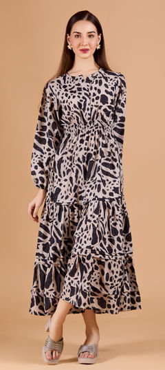 Beige and Brown, Black and Grey color Dress in Rayon fabric with Printed work
