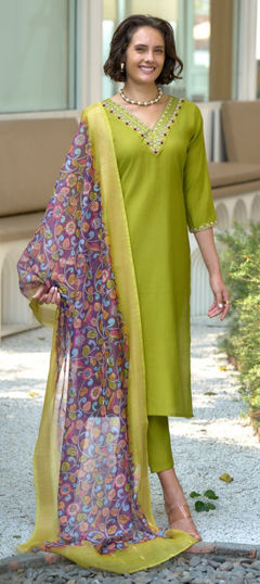 Green color Salwar Kameez in Roman Silk fabric with Embroidered work