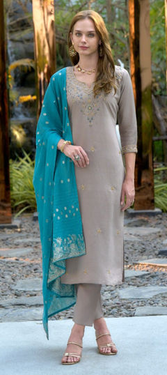 Black and Grey color Salwar Kameez in Roman Silk fabric with Embroidered work