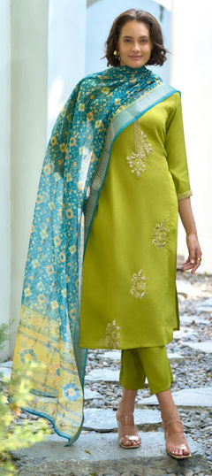 Green color Salwar Kameez in Roman Silk fabric with Embroidered work